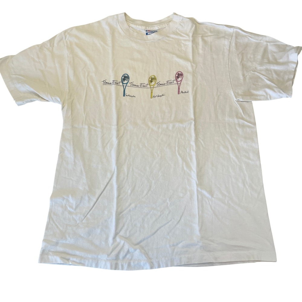Vintage Hanes Beefy-T Tennis East Hamptons Graphic T-Shirt White XL Summer House